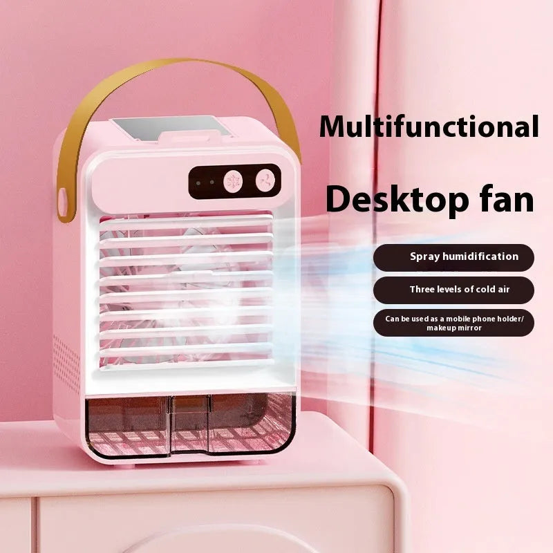Compact dark green and ivory white USB-powered desktop air humidifier with digital display on a wooden desk.