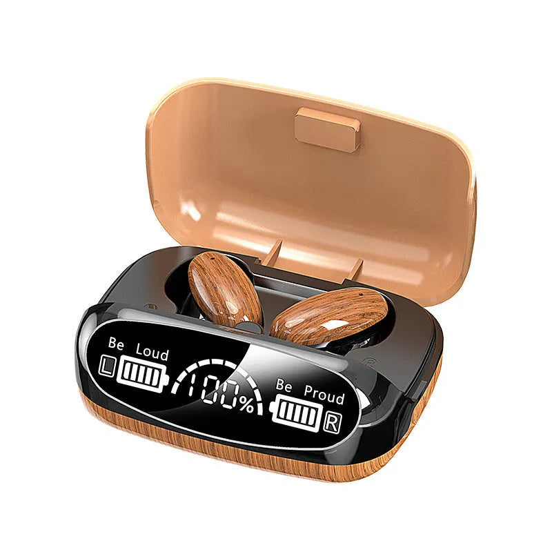 M35 wood grain finish true wireless stereo Bluetooth headset with charging case on display.