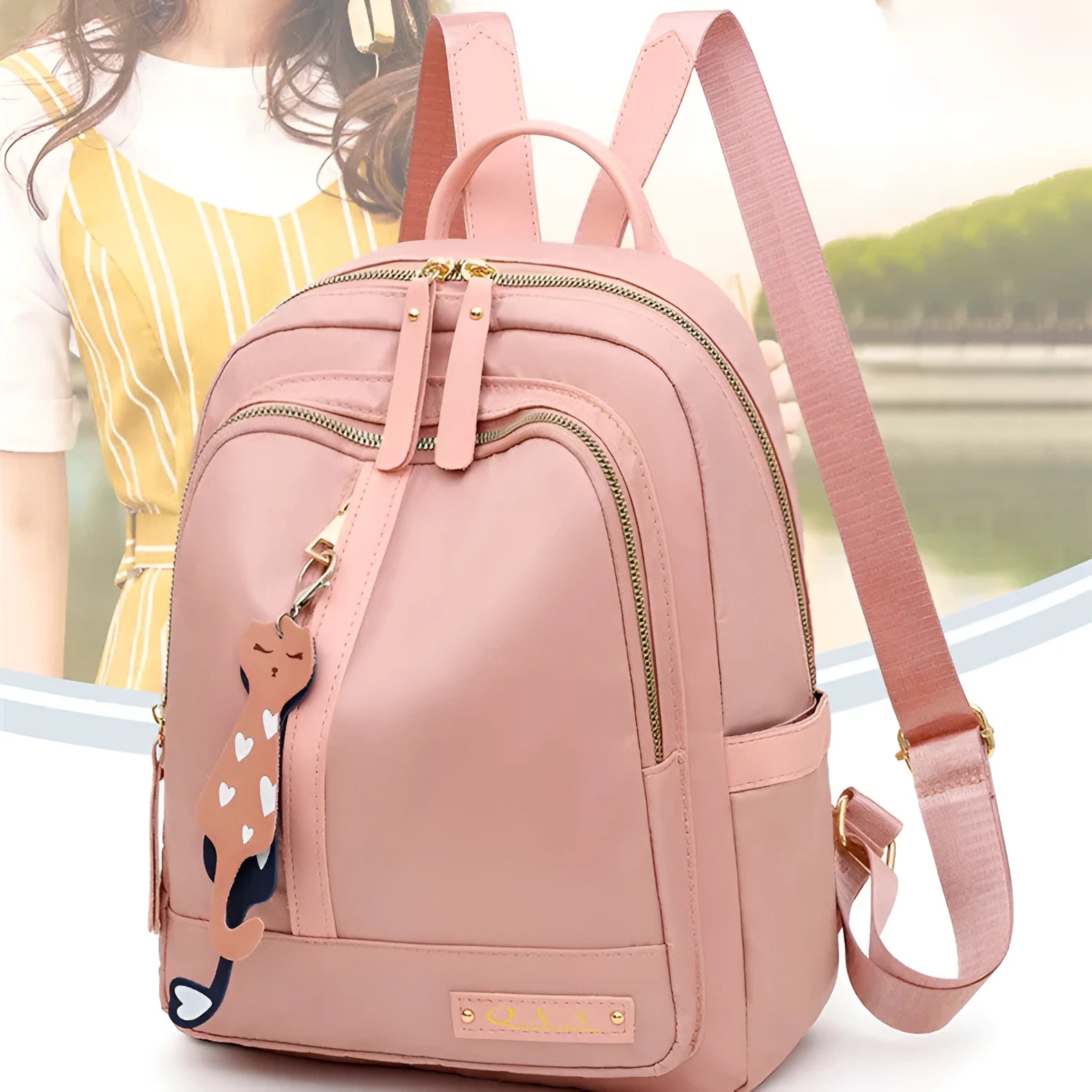 Women's casual nylon backpack in black or pink with water-resistant features and internal organisation compartments