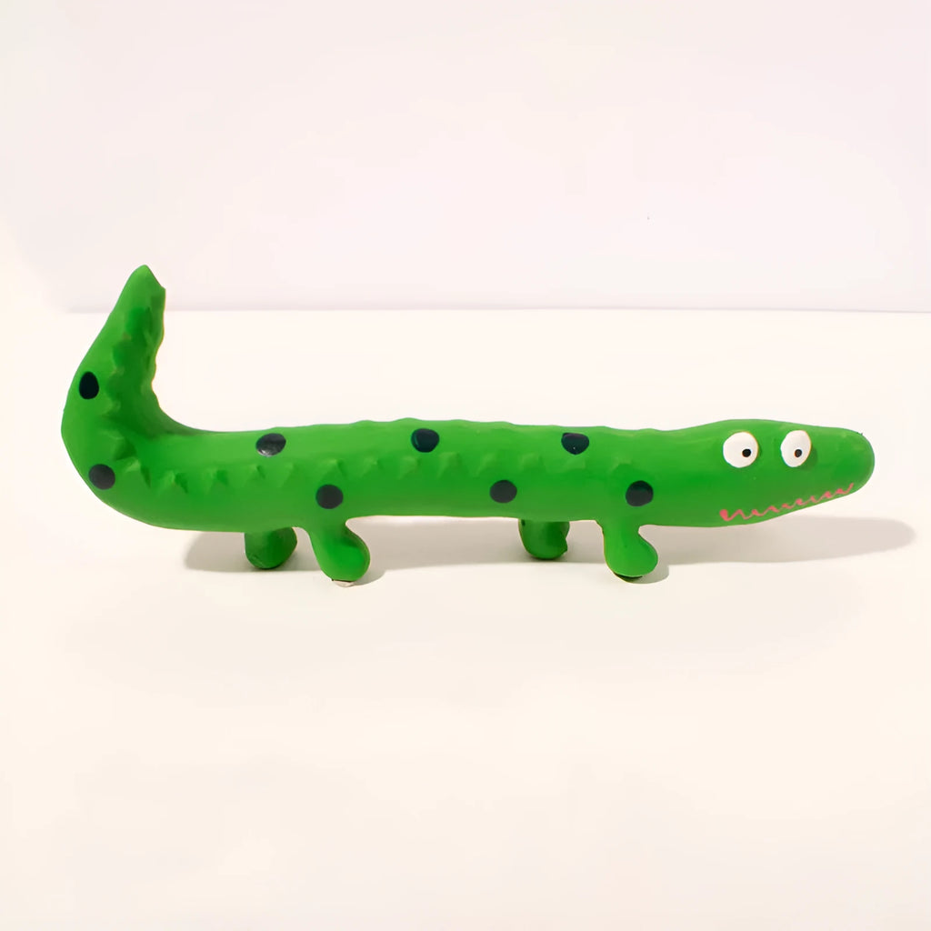 Green cartoon lizard dog chew toy with squeaker on white background