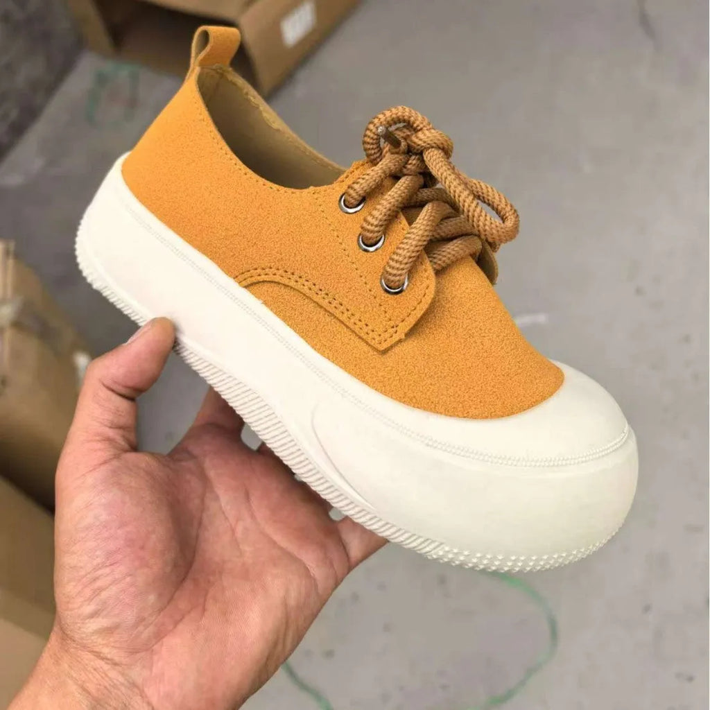 Women's suede platform loafers with 4cm height increase, round toe, and front lace-up design in beige, black, and camel.