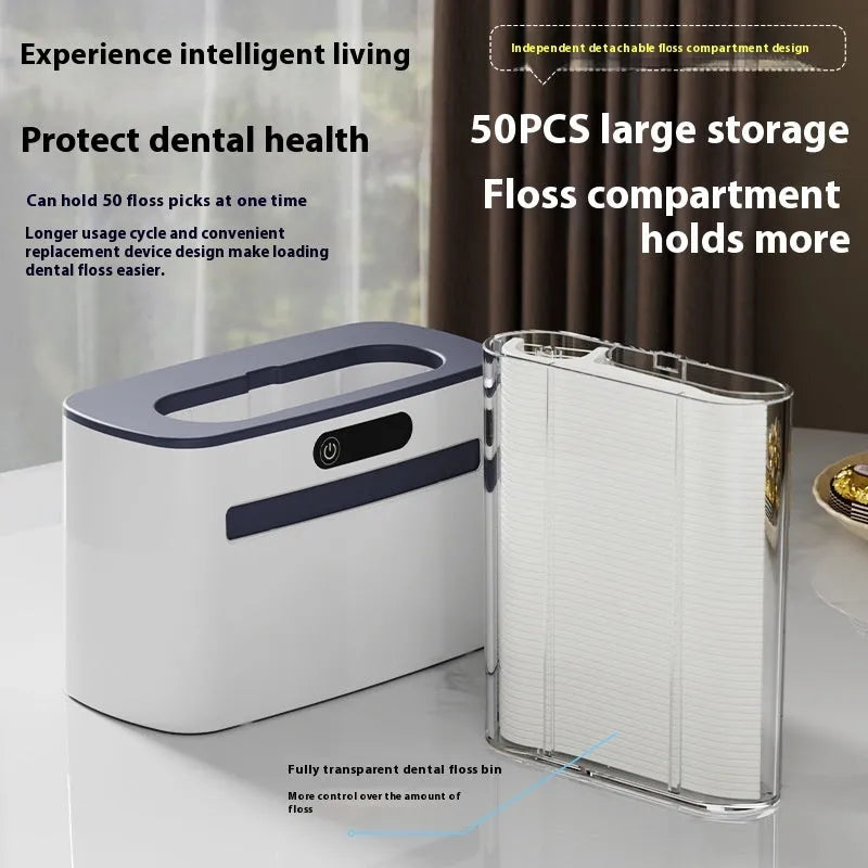 Intelligent induction automatic dental floss box in dark grey, light grey, or gold, showing floss pick dispensed.