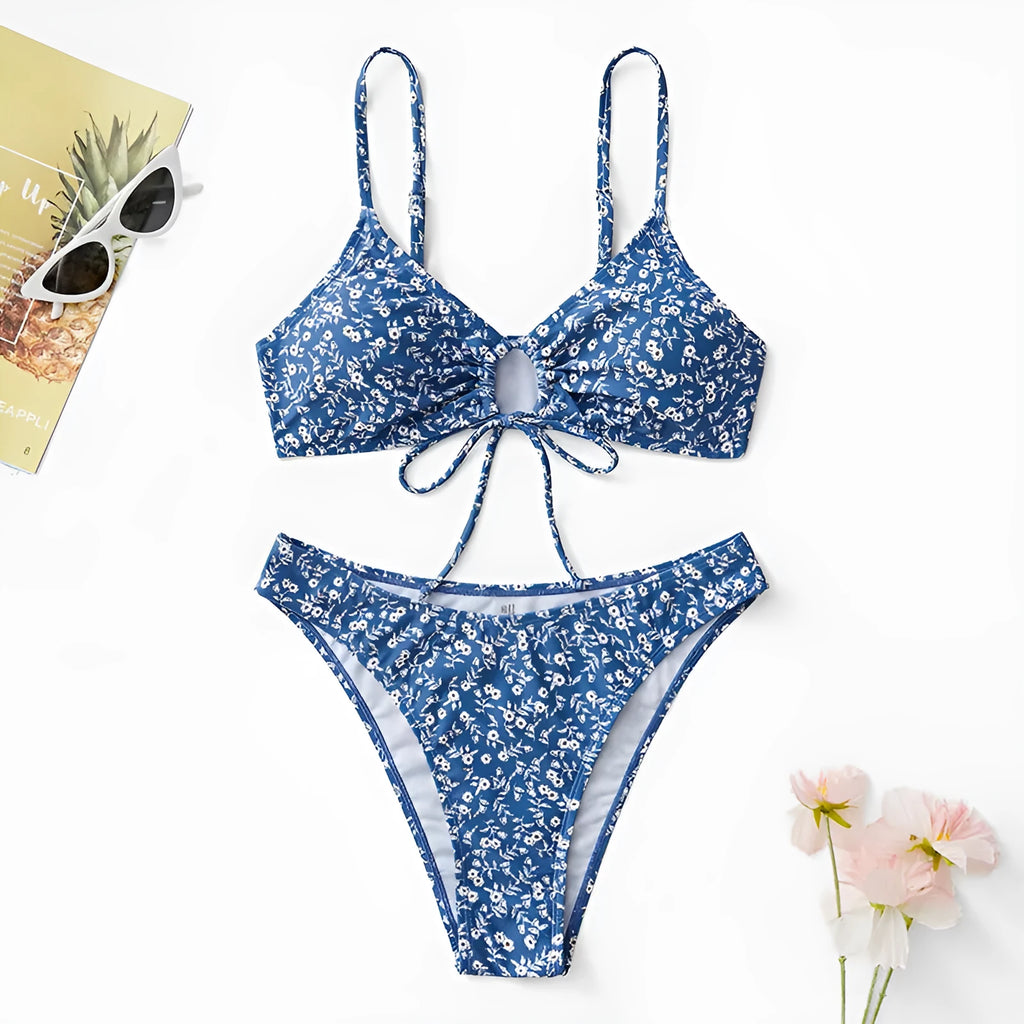 Blue polyester swimsuit three-piece set without steel rings showing top and shorts
