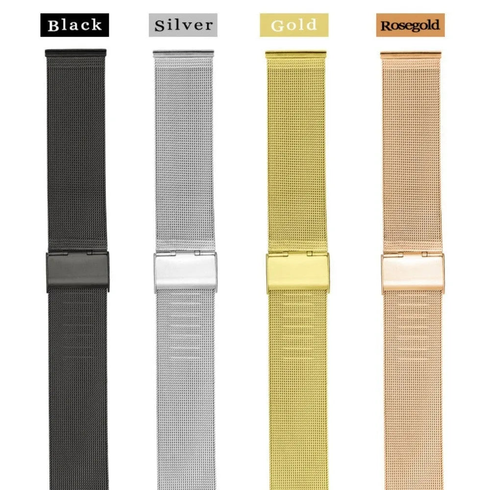 Silk woven stainless steel watch band with butterfly clasp in silver, black, rose gold, or gold finish.