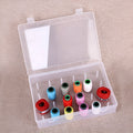 A 42-compartment transparent plastic sewing storage box for organising embroidery threads and needles.