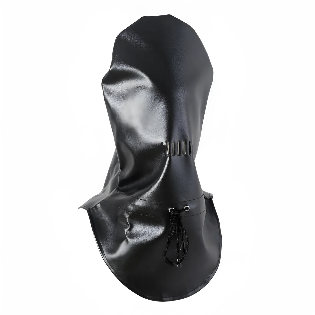 Black leather BDSM mask with breathable nose holes for adult roleplay.