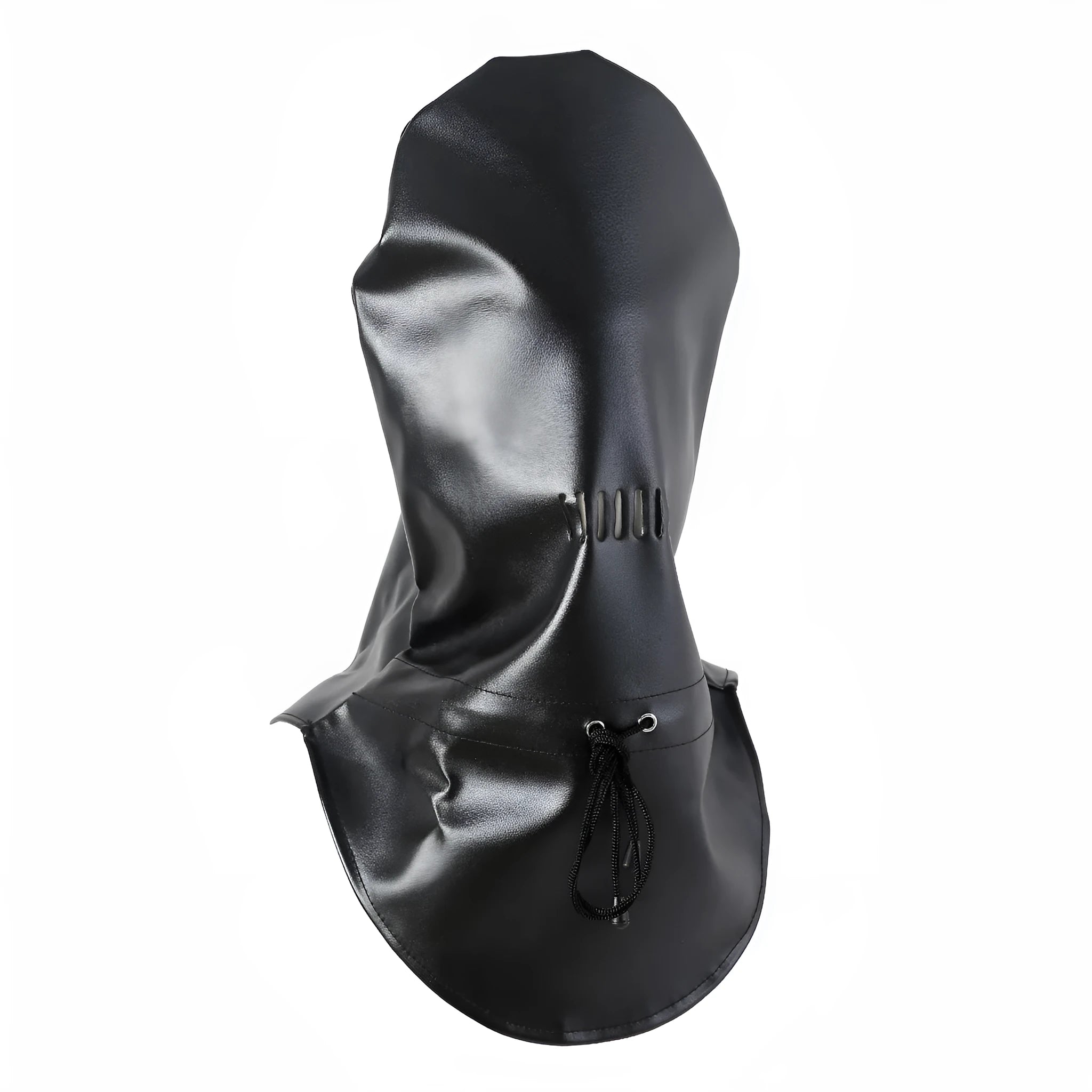 Black leather BDSM mask with breathable nose holes for adult roleplay.