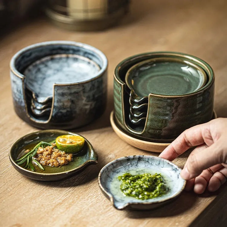Japanese porcelain seasoning dish set with 4 small plates and 1 tray, irregular shape, available in five colours