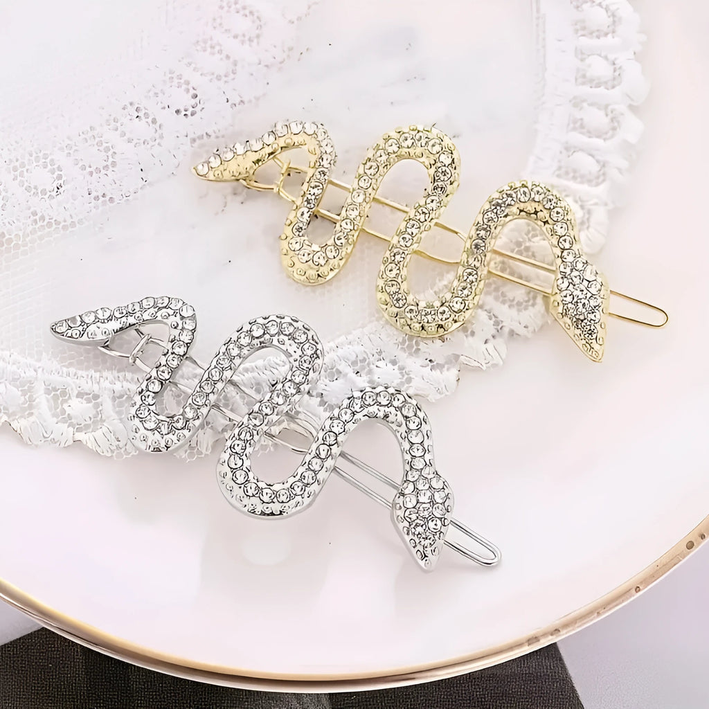 Korean vintage snake design hair barrette with full rhinestone coverage in gold electroplated finish