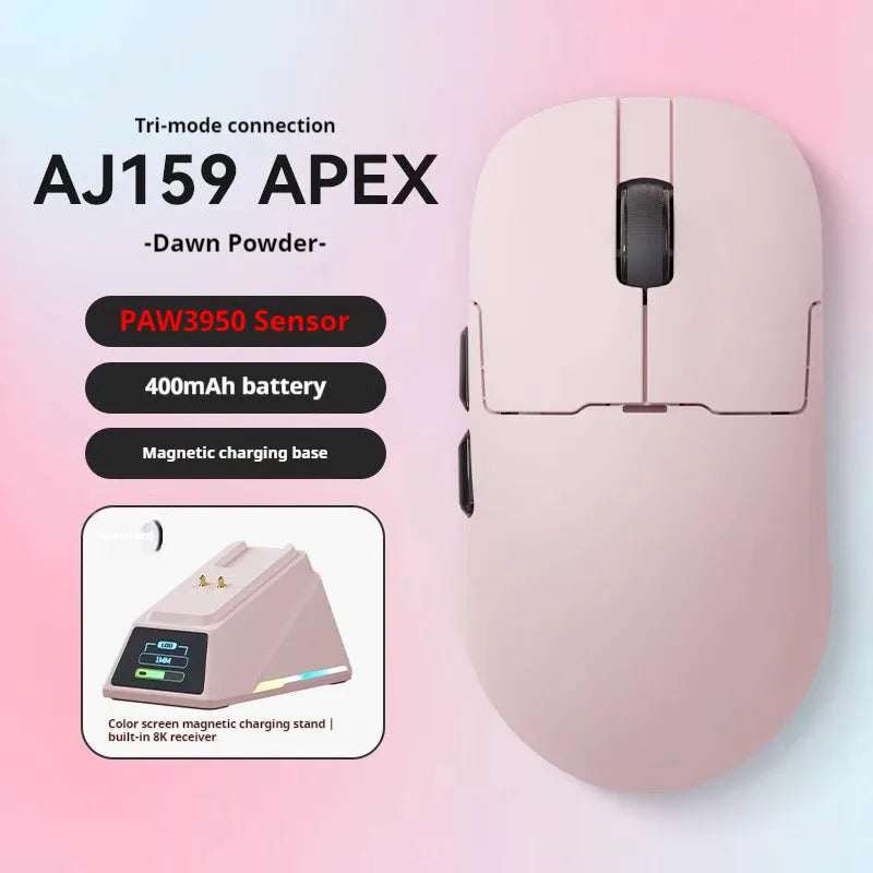 AJ159 triple-mode gaming mouse in Yunfeng White colour on a mousepad, showing its small-medium size and sleek design.