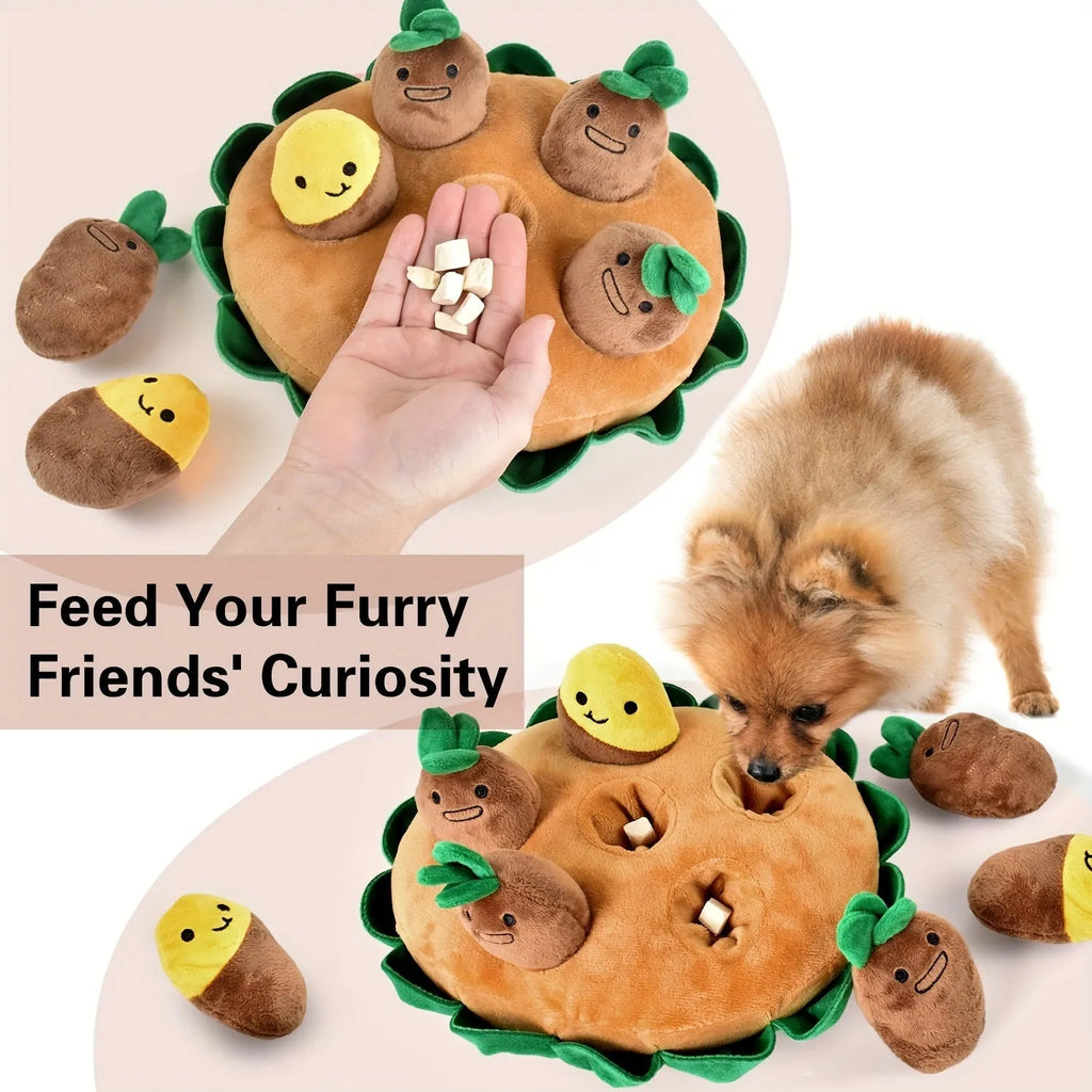 Yellow durable polyester dog foraging play pad with removable squeaky plush toys
