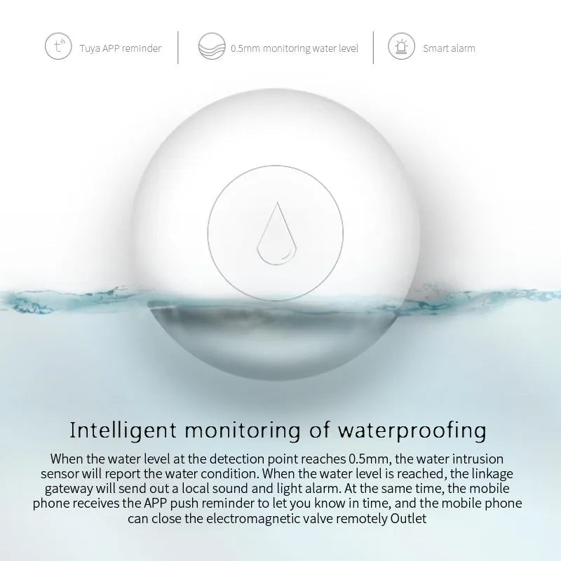 Small white Zigbee wireless water leak sensor with FCCID and CE certification marks.