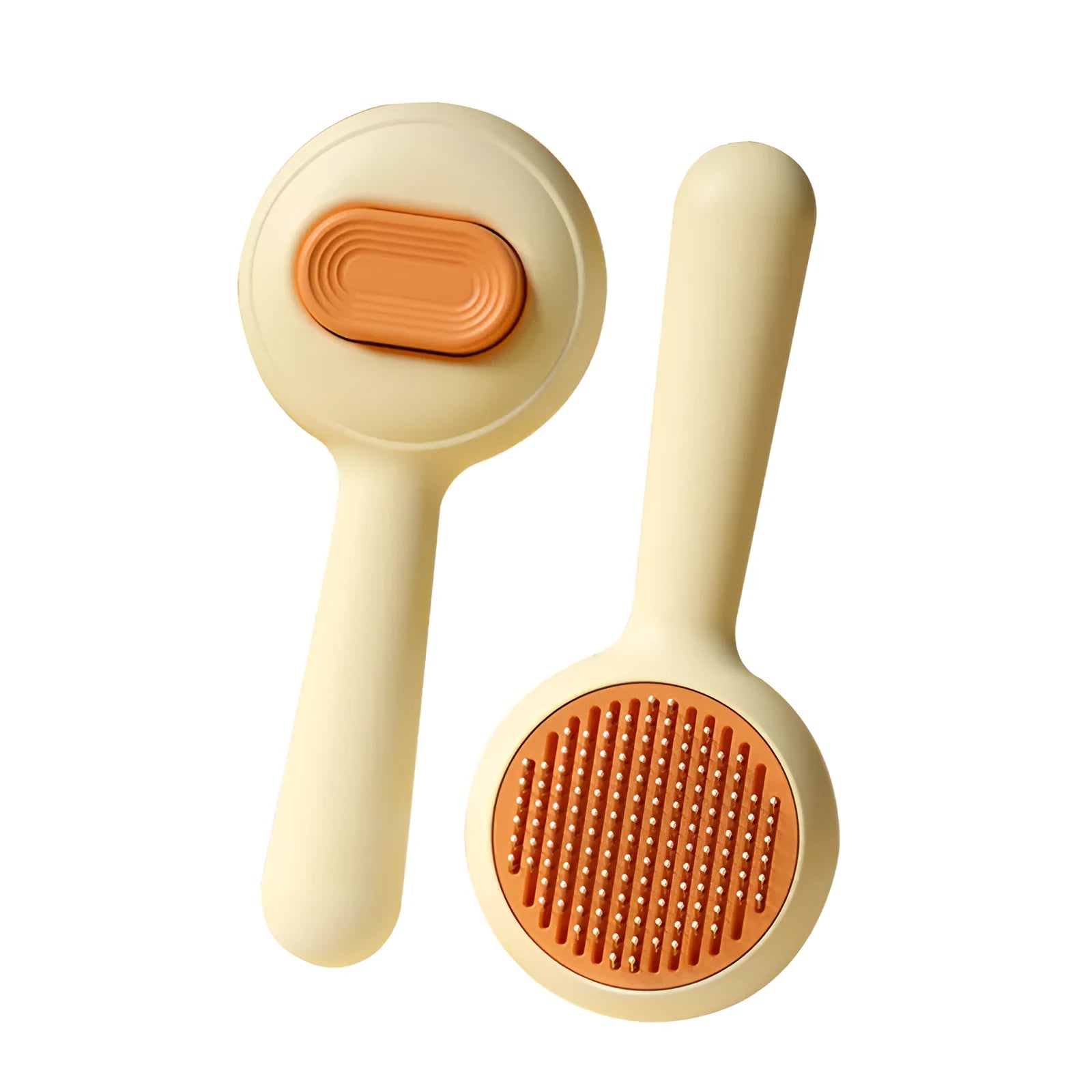 Stainless steel cat grooming brush with non-slip handle in green or yellow colour