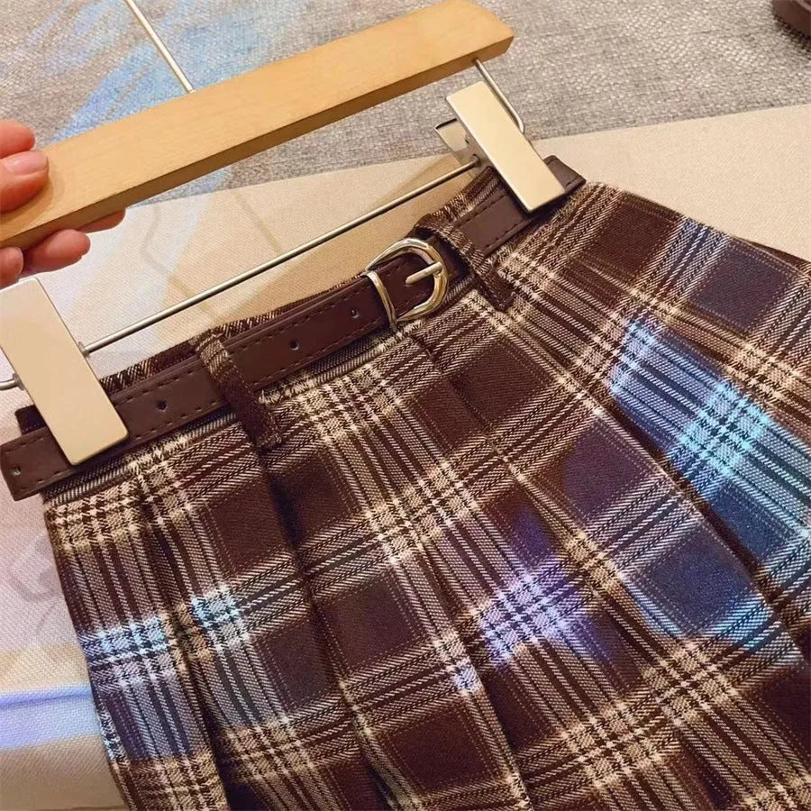 Children's plaid pattern pleated skirt in cotton blend fabric with A-line cut design