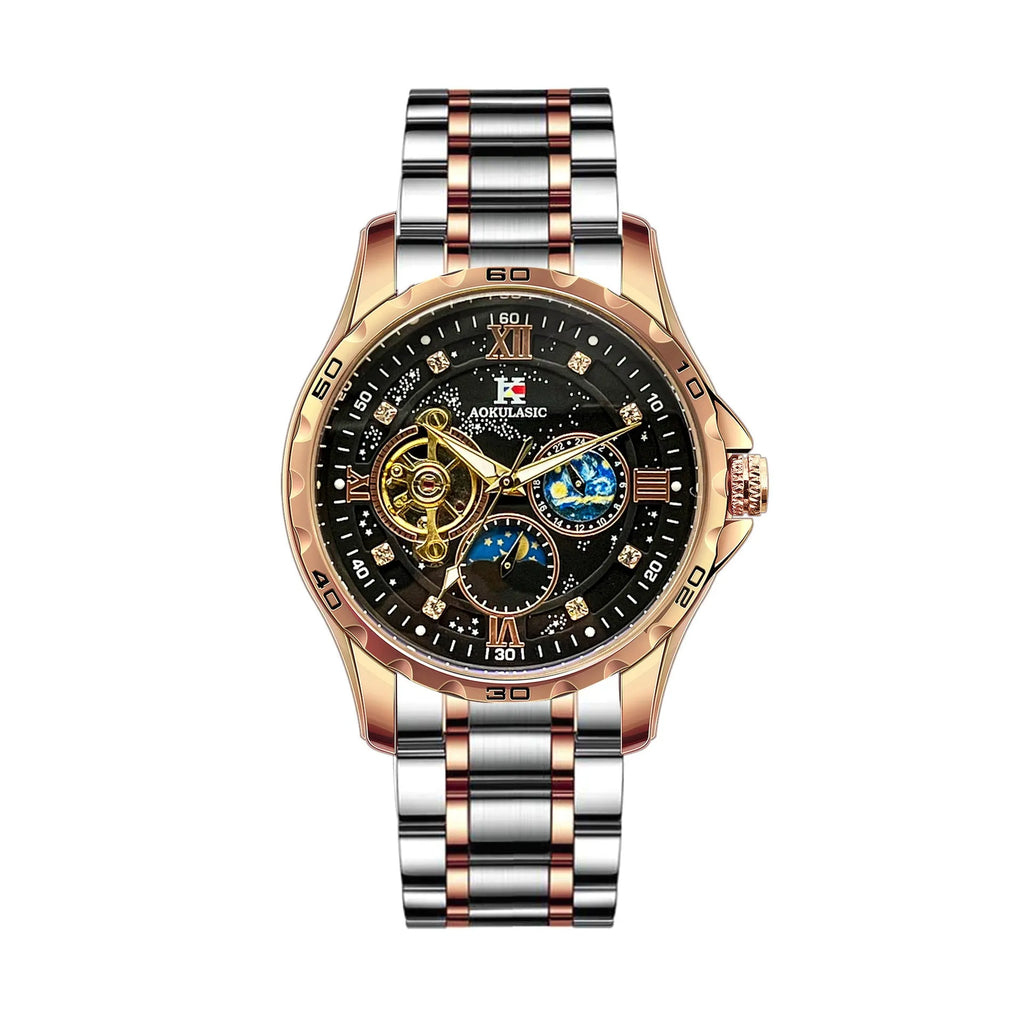 Men's automatic mechanical watch with rose gold shell, black dial, and large multifunctional display.