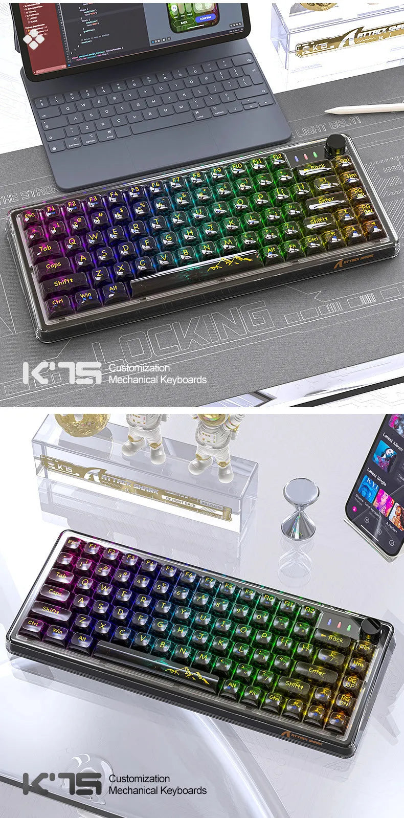 Attack Shark K75 RGB wireless mechanical keyboard with transparent PC case showing internal lighting