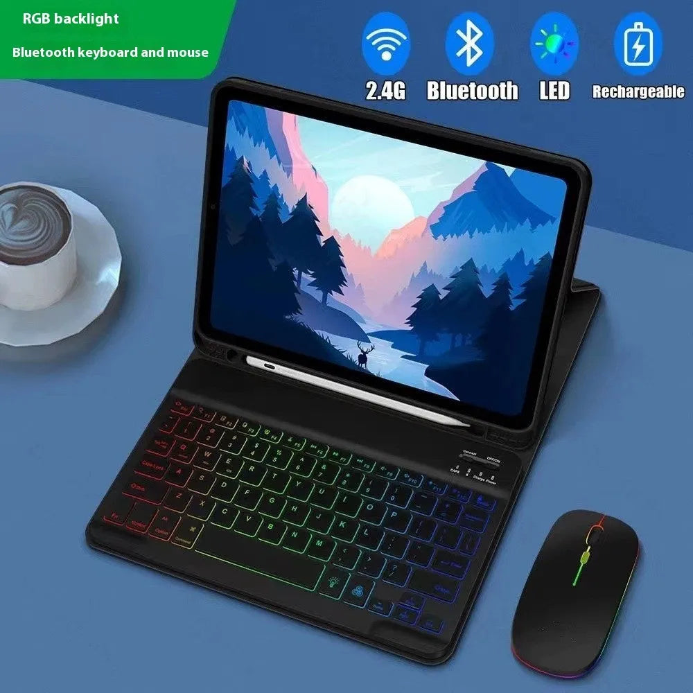 iPad in a black TPU protective case with a connected luminous RGB backlit Bluetooth keyboard on a table.