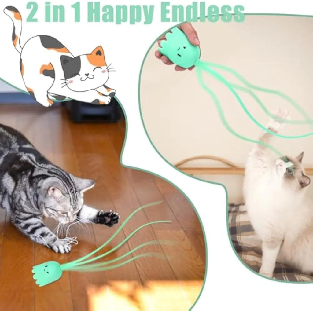 Green electronic cat wand toy with swinging silicone tails for indoor feline play
