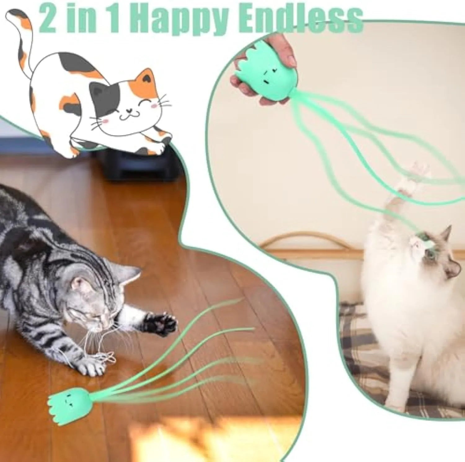 Green electronic cat wand toy with swinging silicone tails for indoor feline play