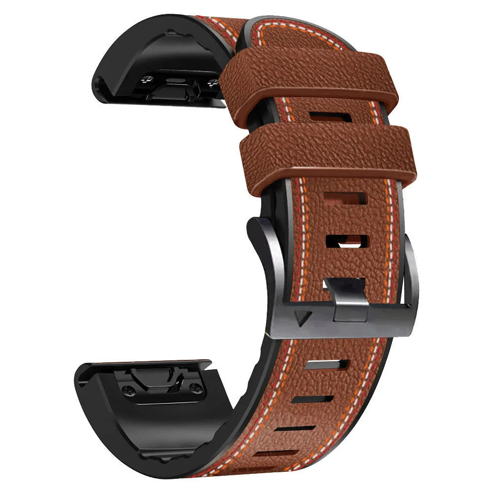 Silicone leather quick-release watchband for Garmin Fenix smartwatches in black, shown with detached spring bars.