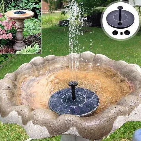Black solar-powered fountain pump with multiple nozzles for garden ponds and birdbaths.