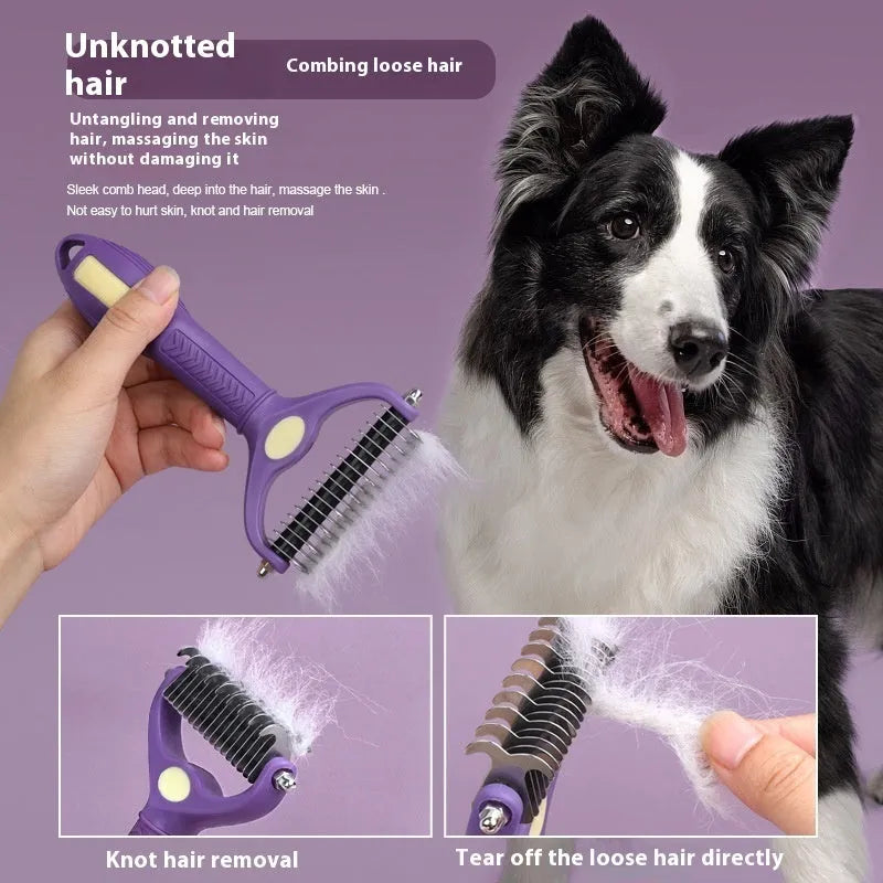 Purple plastic double-sided dog comb for removing tangles and mats from pet fur