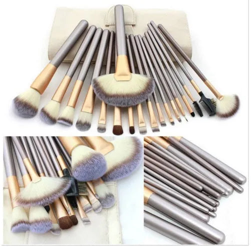 Persian makeup brush set with white bristles and champagne handles in 12, 18, or 24 piece options