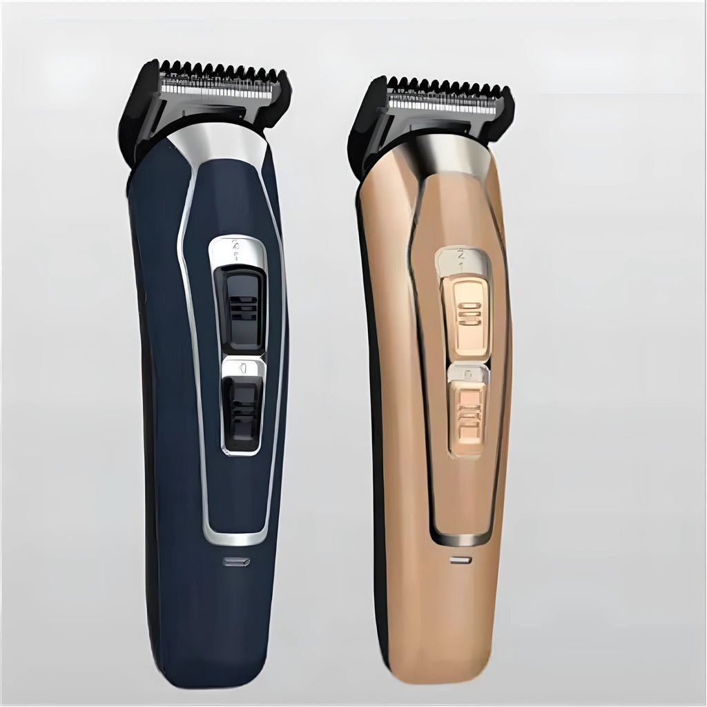 Dark blue rechargeable electric hair clipper with stainless steel blades on a white background.