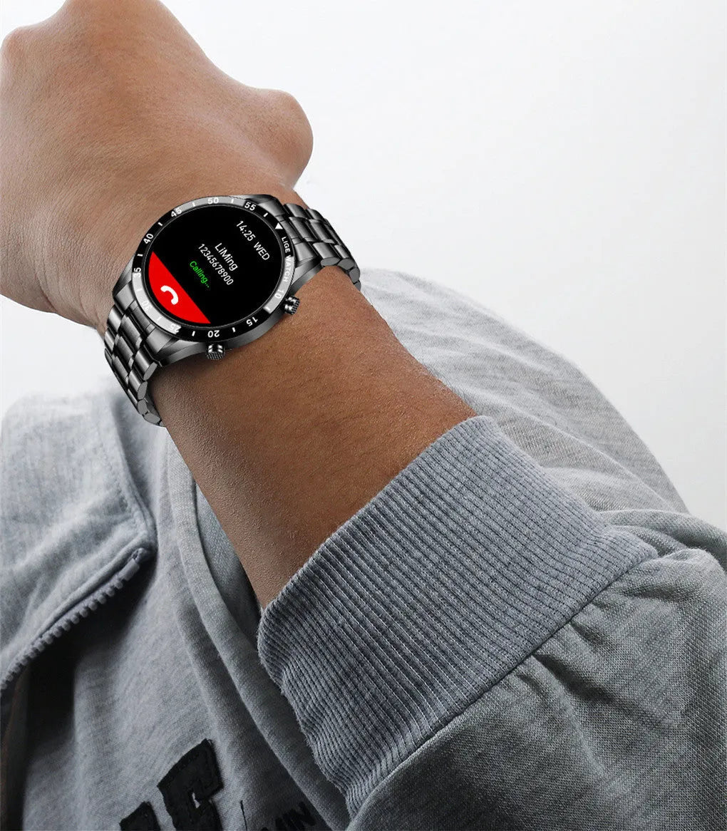 Smart watch with stainless steel wristband and 1.3 inch touch screen display in black or silver colour