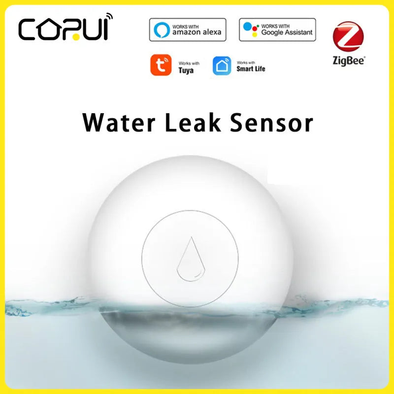 Small white Zigbee wireless water leak sensor with FCCID and CE certification marks.
