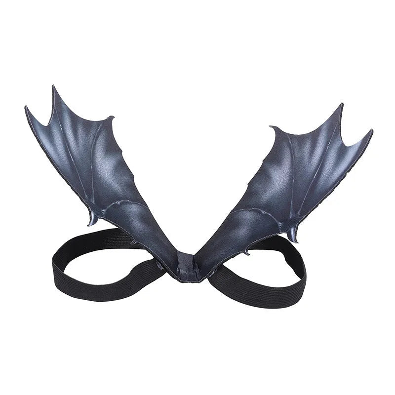 Black bat wings Halloween costume for pets shown in three sizes for dogs and cats