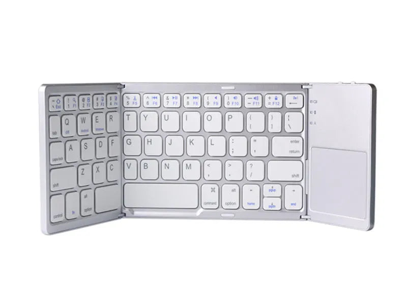 Black tri-fold portable Bluetooth keyboard with touchpad, shown folded and unfolded next to a smartphone.