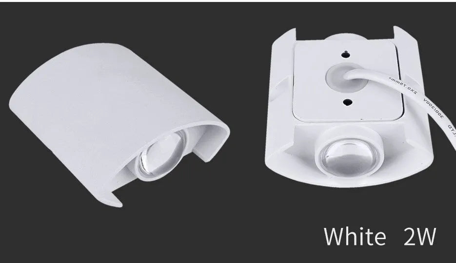 LED wall lamp with aluminium shell, white or black body, 2W 4W or 6W, warm or cold white light, 60 degree beam angle.