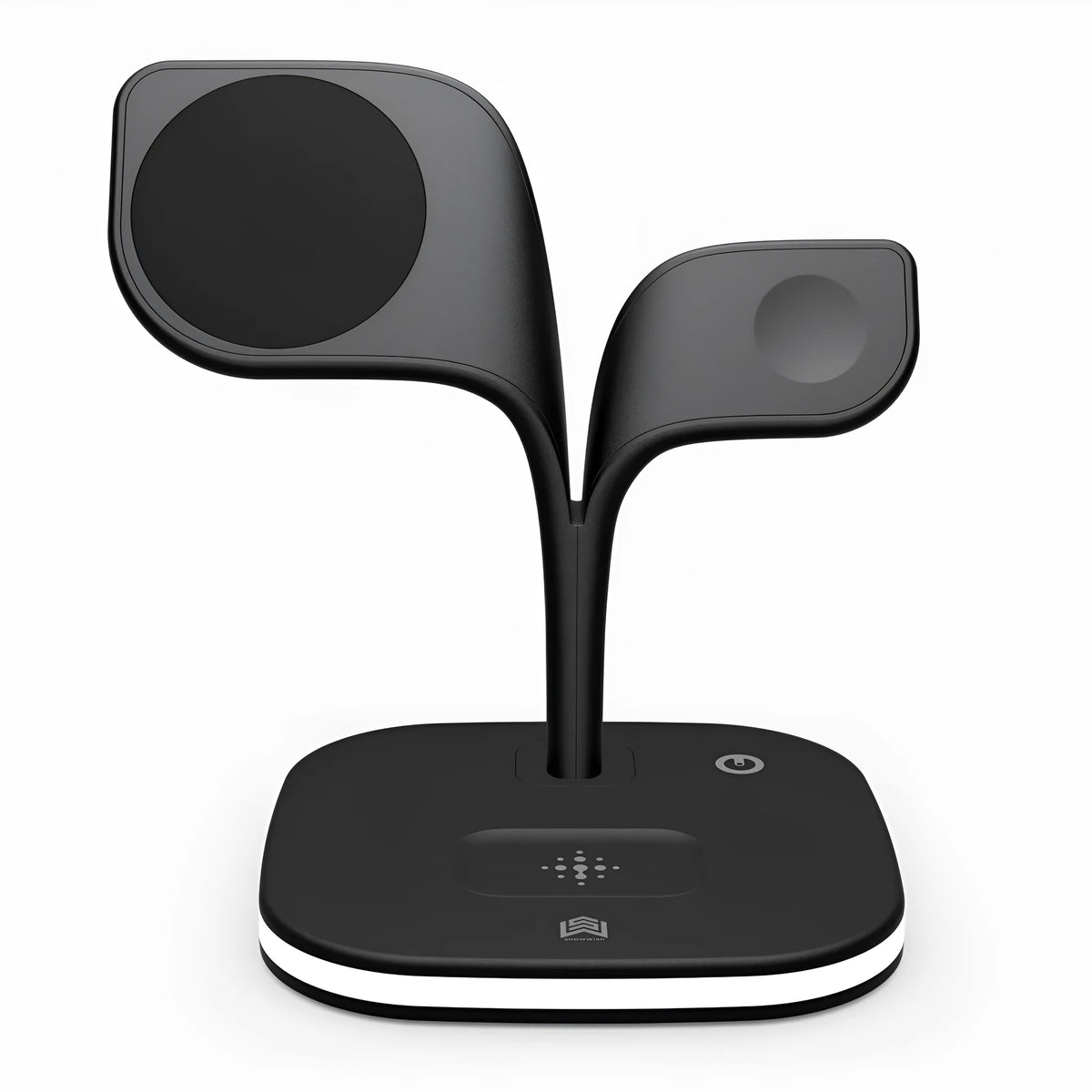 Black 3-in-1 wireless charging stand holding a mobile phone, a smartwatch, and headphones on a desk.