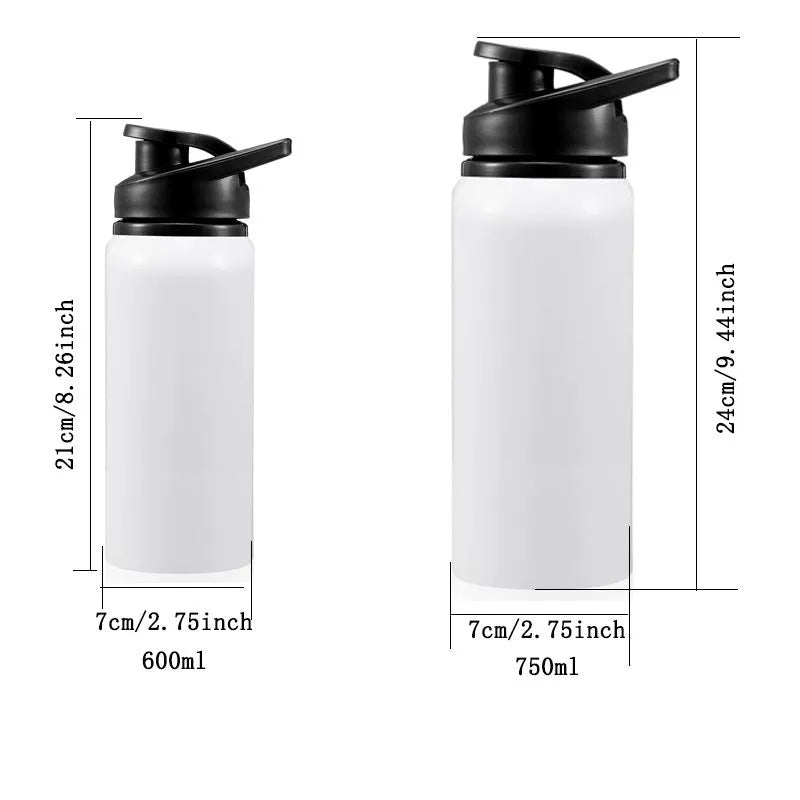 White aluminium sports water bottle for cycling, shown in 600ml and 750ml size options.
