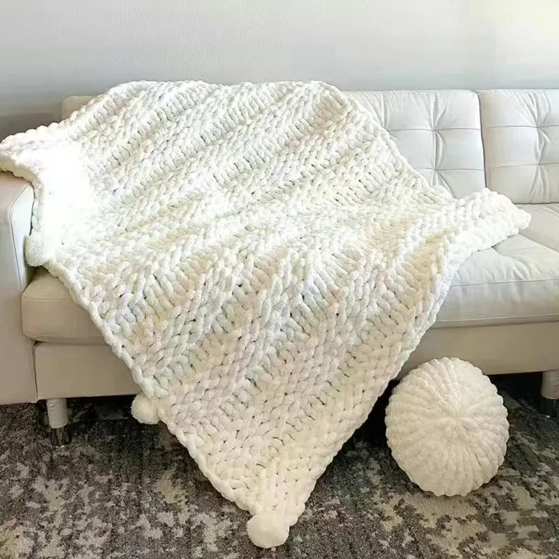 Chenille knitted braided gravity blanket in modern simple style showing textured coarse yarn construction