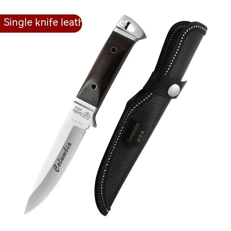 Stainless steel camping fruit knife with national style design in its leather case.