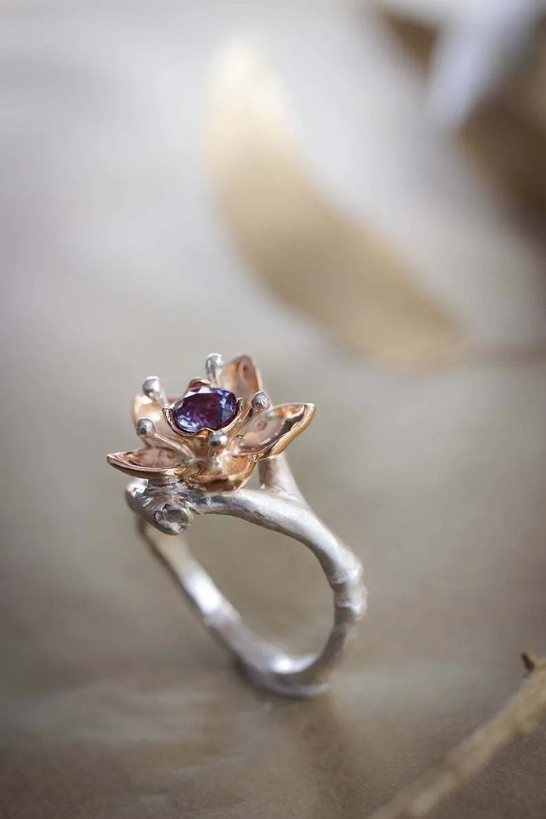 Silver two-tone floral geometric alloy women's ring available in sizes 5 to 11