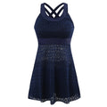 Conservative slimming split swimsuit for ladies in black briefs style on a mannequin.