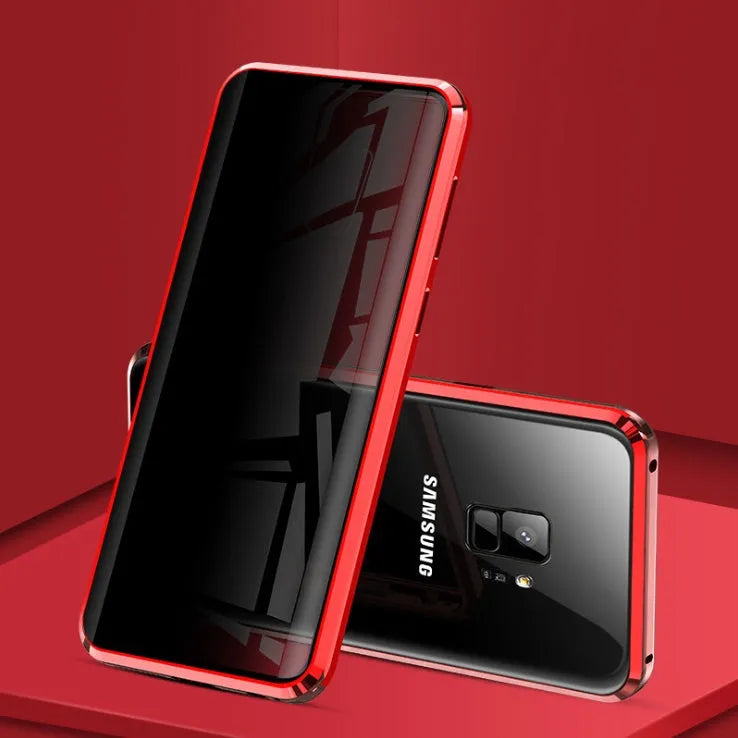 Black clamshell magnetic phone case for Samsung Galaxy phones with anti-peeping screen protection.