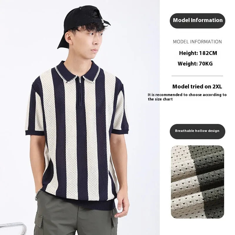 Men's striped ice silk summer sweater with zip detail in five colour options