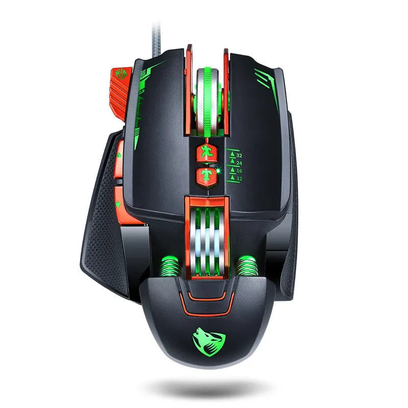 Thunder Wolf V9 black wired gaming mouse with six buttons on desktop
