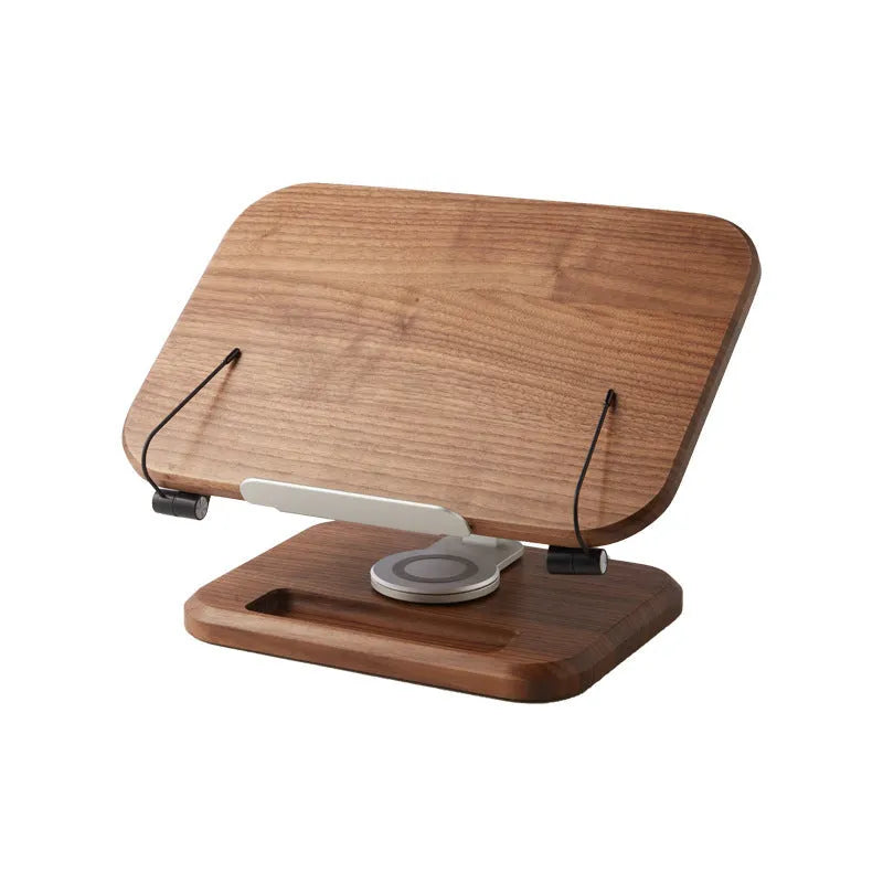 Black walnut solid wood reading rack with adjustable rotating mechanism shown in walnut colours