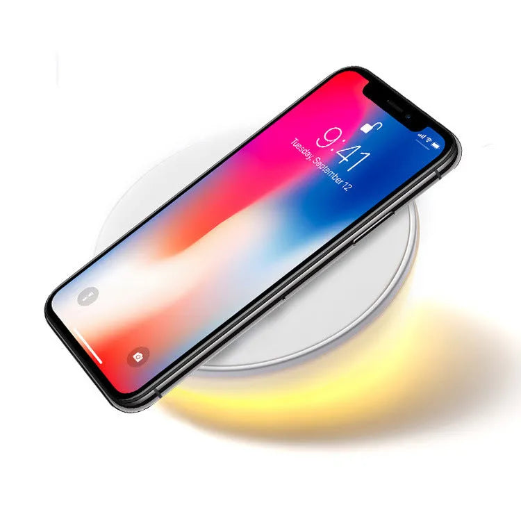 White QI wireless phone charger with clock display showing time, 10W fast charging capability