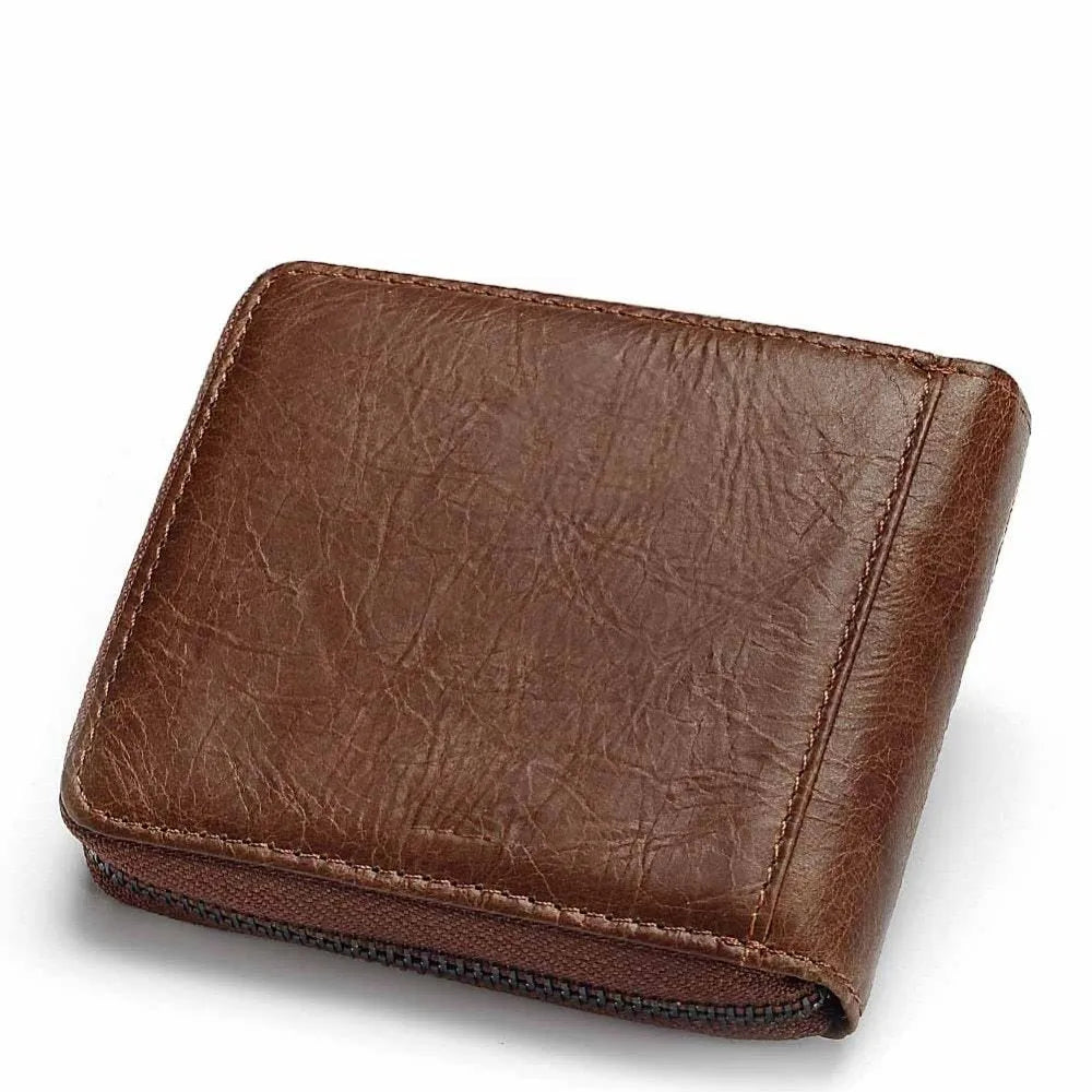 Coffee coloured genuine leather men's wallet with vintage locomotive design and multiple internal compartments