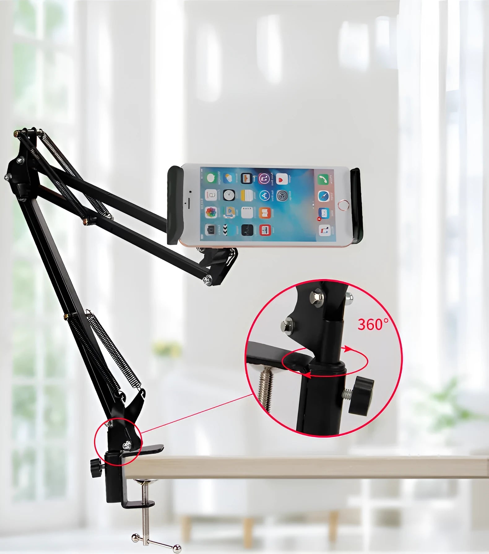 Black and white adjustable phone and tablet stand on desktop showing viewing angle