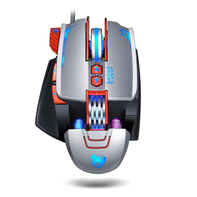 Thunder Wolf V9 black wired gaming mouse with six buttons on desktop