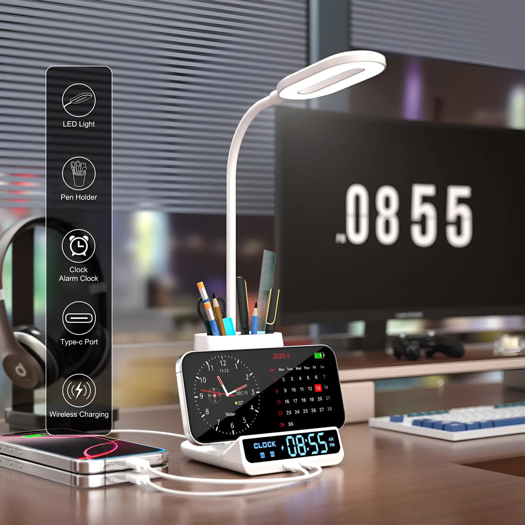 Black wireless charging desk lamp with pen holder and storage compartments
