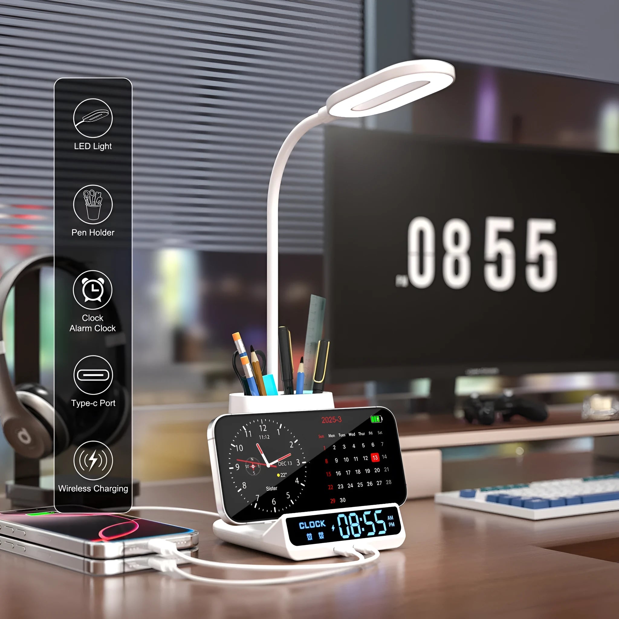 Black wireless charging desk lamp with pen holder and storage compartments