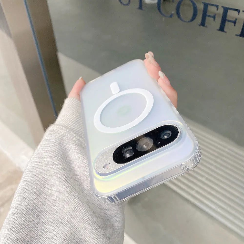 Transparent laser frosted matte phone case for Google Pixel 10 and 9 models on a table.
